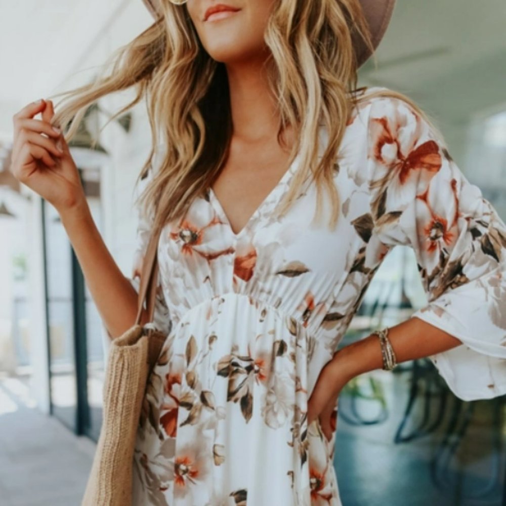 White Floral Print Summer Empire Waist Dress